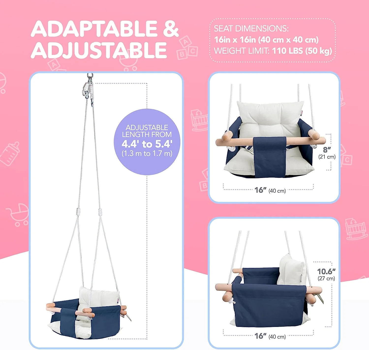 Babyschaukel aus Segeltuch, hängender Schaukelsitz aus Holz mit Sicherheitsgurt, langlebiger Baby-Hängemattenstuhl, Außen- und Innenschaukel für Kinder, Montagezubehör im Lieferumfang enthalten, Elfenbeinfarben