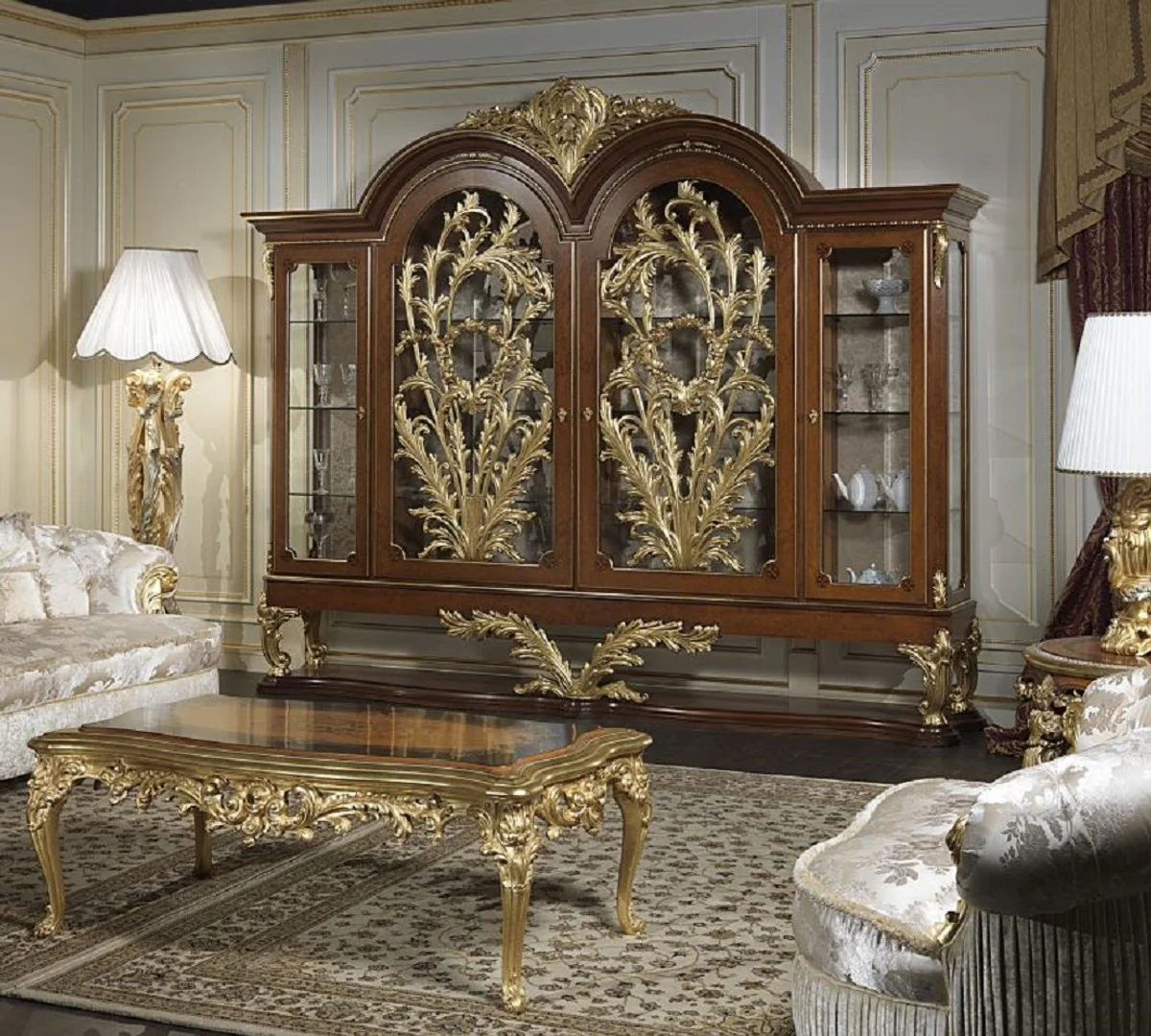 Luxury baroque display cabinet brown / gold 308 x 50 x H. 242 cm - Elegant solid wood display cabinet with 4 doors - Hotel Restaurant Castle Furniture - Luxury Quality - Made in Italy