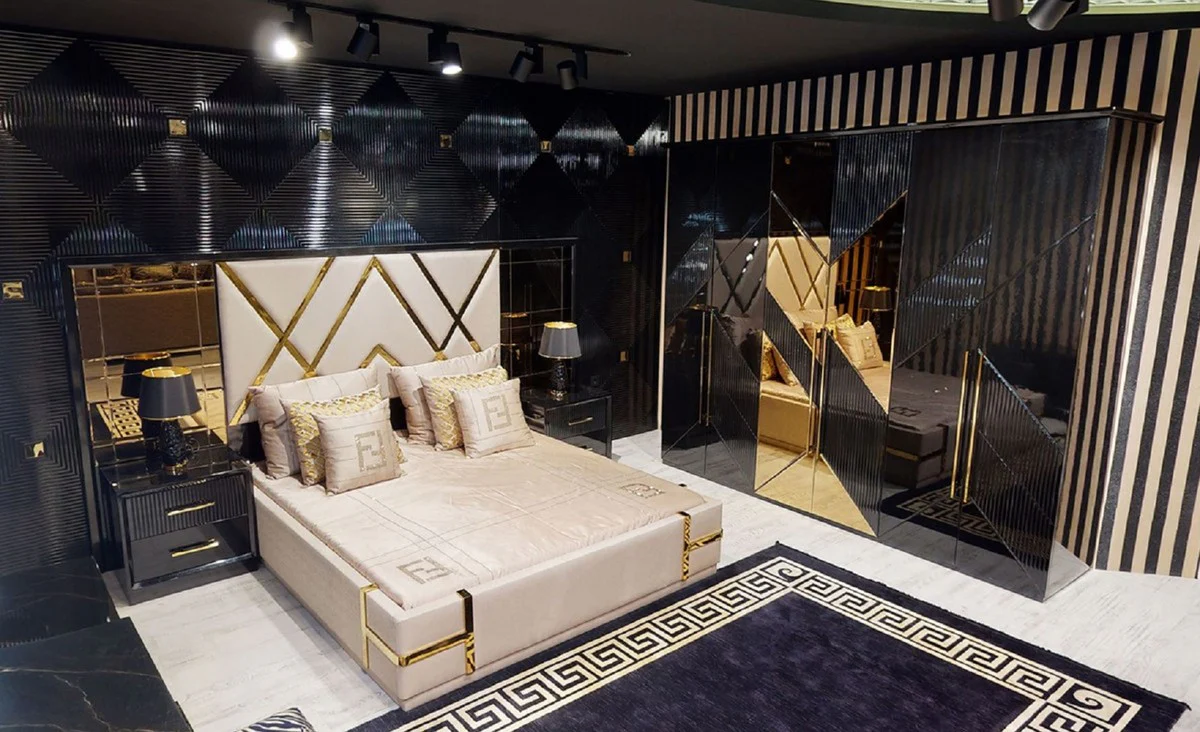 Luxury bedroom set cream / black / gold - 1 double bed with mirrored headboard & 2 bedside tables - luxury bedroom furniture - luxury bedroom furnishings