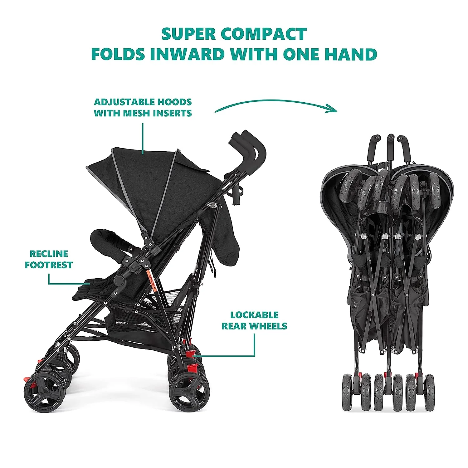 Zwillings-Regenschirm-Kinderwagen in Mint, leichter Doppel-Kinderwagen für Säuglinge und Kleinkinder, kompakt, einfach zusammenklappbar, großer Aufbewahrungskorb, großes und verstellbares Verdeck