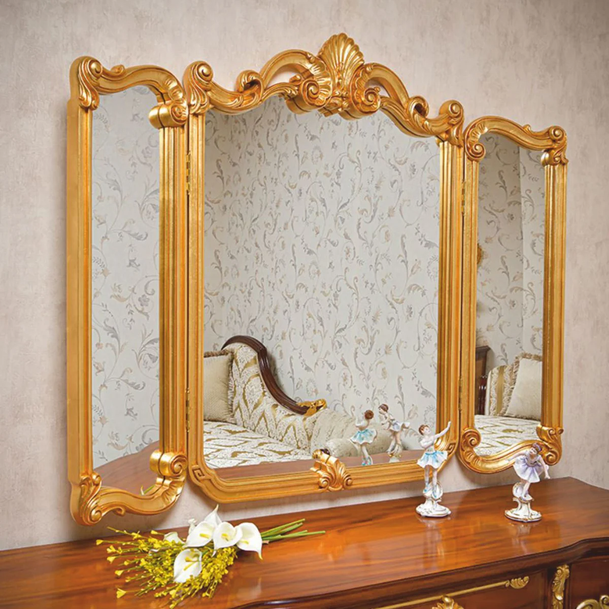 Luxury baroque dressing table mirror gold 135 x H. 113 cm - Made in Italy