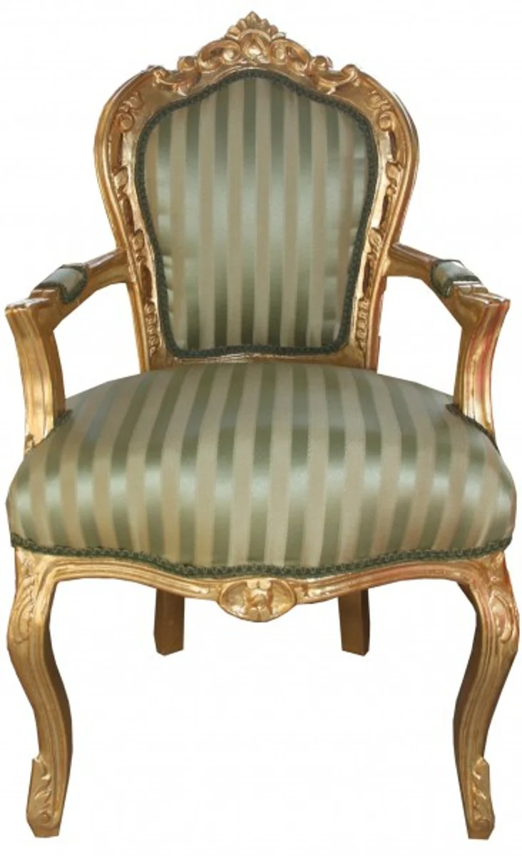 Baroque dining room chair green / cream stripes / gold with armrests - antique furniture