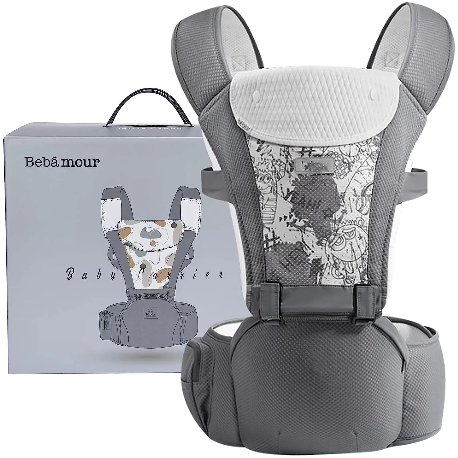 Babytrage für Neugeborene bis Kleinkinder, Baby-Hüfttrage mit Kopfhaube, Taillenverlängerung und 3 Beißpolstern (grau)