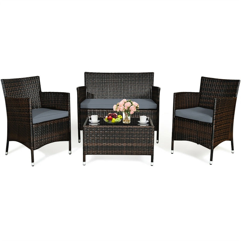 4 Stk Outdoor Rattan Patio Conversation Set Wicker Möbel Set mit Kaffeetisch und Kissen Sofas