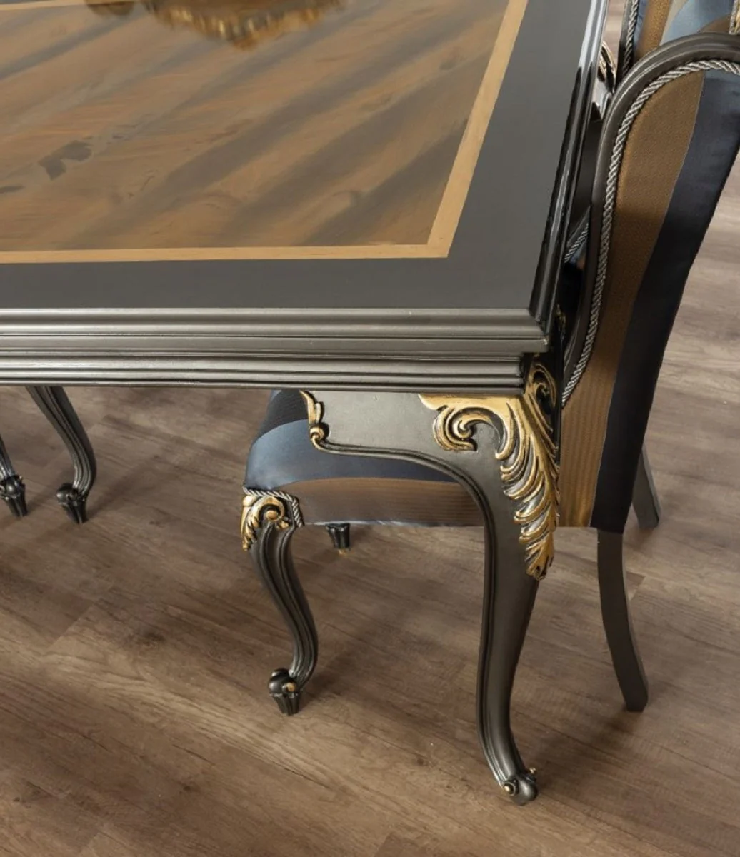 Luxury Baroque Dining Room Set Blue / Gray / Gold - 1 Dining Room Table & 6 Dining Chairs - Noble Baroque Dining Room Furniture - Noble & Magnificent