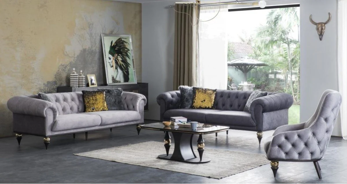 Luxus Art Deco Chesterfield Wohnzimmer Set - 2 Sofas & 2 Sessel & 1 Couchtisch mit Glasplatte in Marmoroptik - Edle Art Deco Wohnzimmer Möbel
