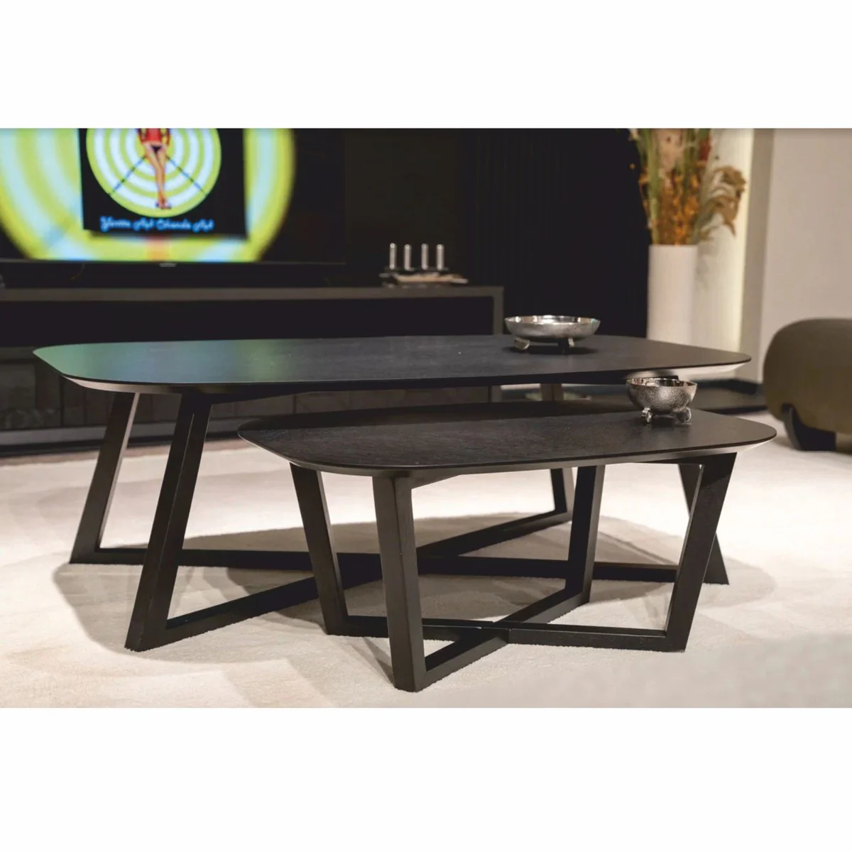 Luxury Solid Wood Coffee Table Set Black - Hotel & Living Room Furniture