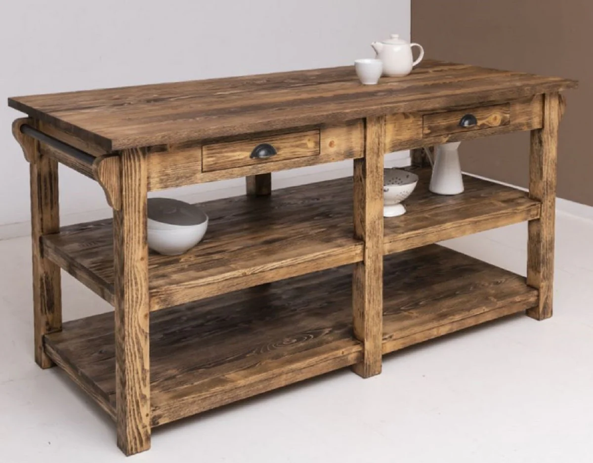 Country house style kitchen island brown 180 x 85 x H. 90 cm - solid wood kitchen island with 4 drawers - dining room furniture - kitchen furniture - country house style furniture