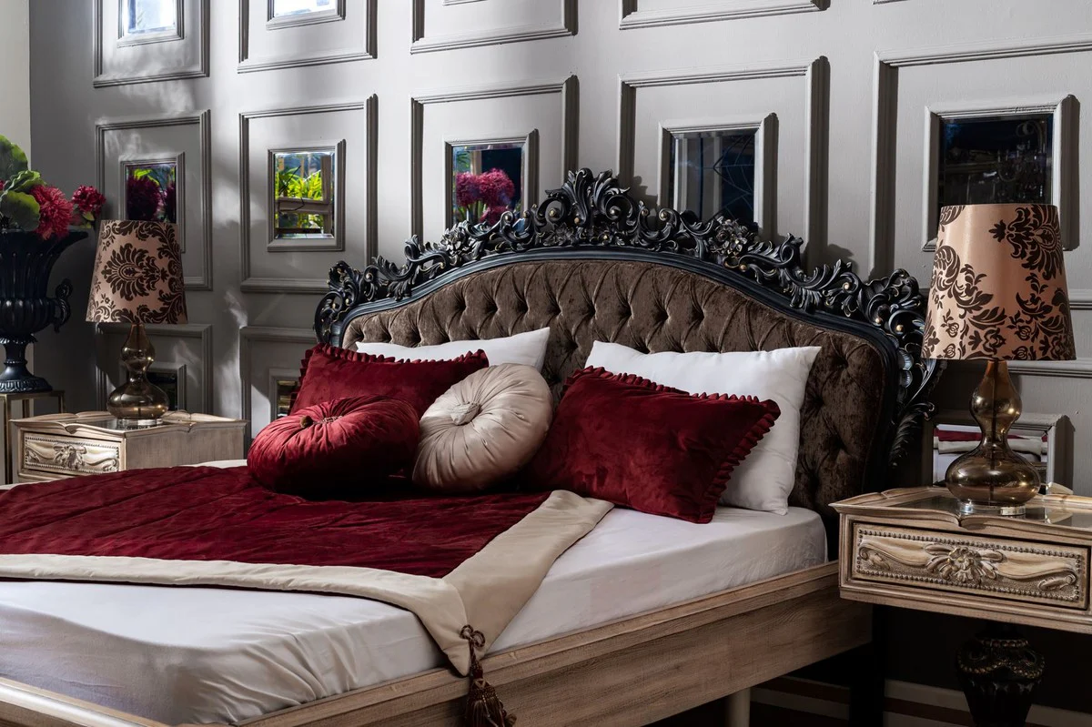 Luxury baroque double bed dark brown / natural colors / black / gold - elegant solid wood bed with headboard - magnificent bedroom furniture in the baroque style