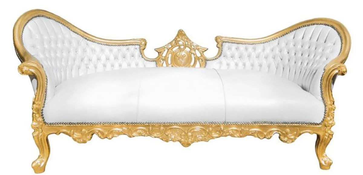 Baroque sofa Vampire white / gold 200 x 75 x H. 82 cm - Handmade lounge couch with leather look - Limited Edition - Baroque furniture