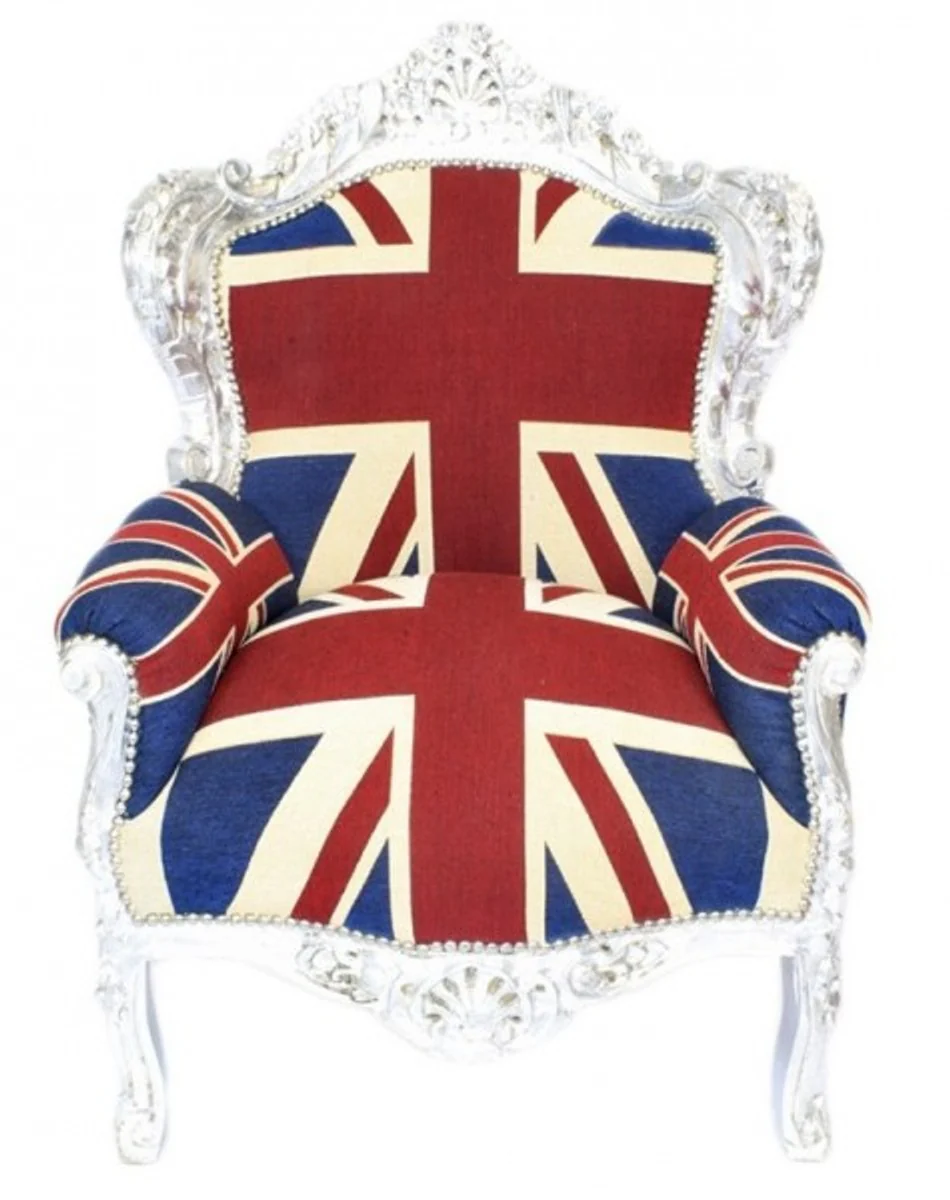 Barock Sessel King Englische Flagge Union Jack / Silber - Barock England Sessel