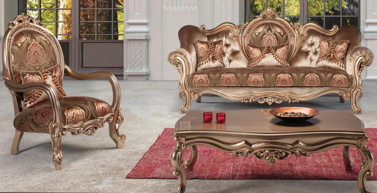 Luxus Barock Wohnzimmer Set Bronze / Braun / Bordeauxrot - 1 Sofa & 2 Sessel & 1 Couchtisch - Prunkvolle Wohnzimmermöbel im Barockstil