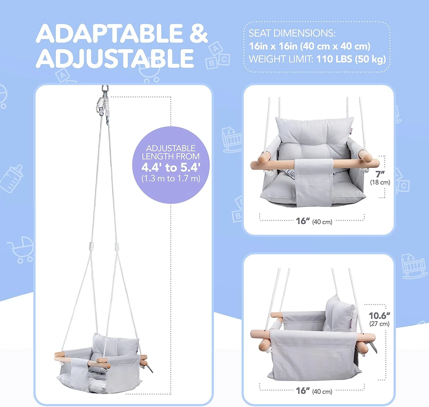 Babyschaukel aus Segeltuch, hängender Schaukelsitz aus Holz mit Sicherheitsgurt, langlebiger Baby-Hängemattenstuhl, Außen- und Innenschaukel für Kinder, Montagezubehör im Lieferumfang enthalten, Elfenbeinfarben