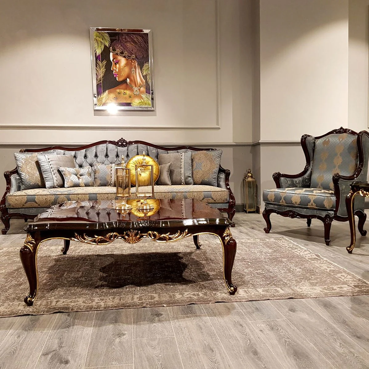 Luxury Baroque Sofa Silver / Beige / Dark Brown - Magnificent living room sofa with elegant pattern - Baroque furniture