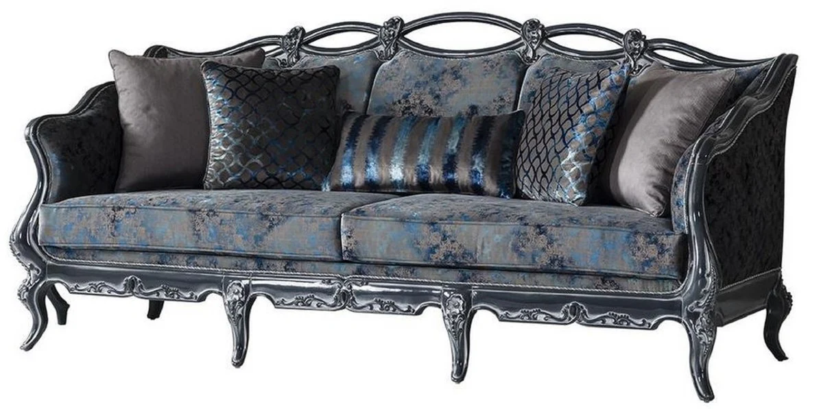 Luxury Baroque Sofa Gray / Blue / Gray 224 x 103 x H. 110 cm - Elegant living room sofa with elegant pattern and decorative pillows - Baroque style living room furniture