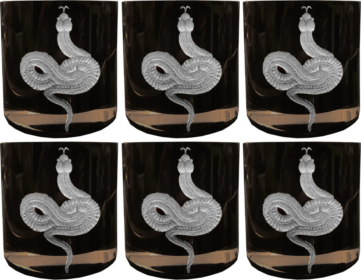 Luxury whiskey glass set of 6 snake black / silver Ø 8 x H. 9 cm - handmade and hand-engraved whiskey glasses - hotel & restaurant accessories - luxury quality