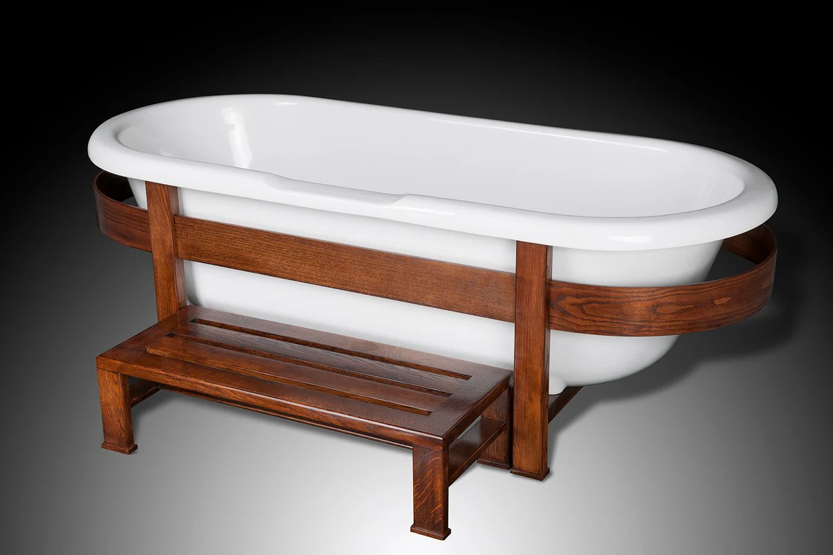 Luxury retro bathtub white / dark brown 178 x 76 x H. 73 cm - Freestanding bathtub with wooden frame and step - Retro bathroom furniture