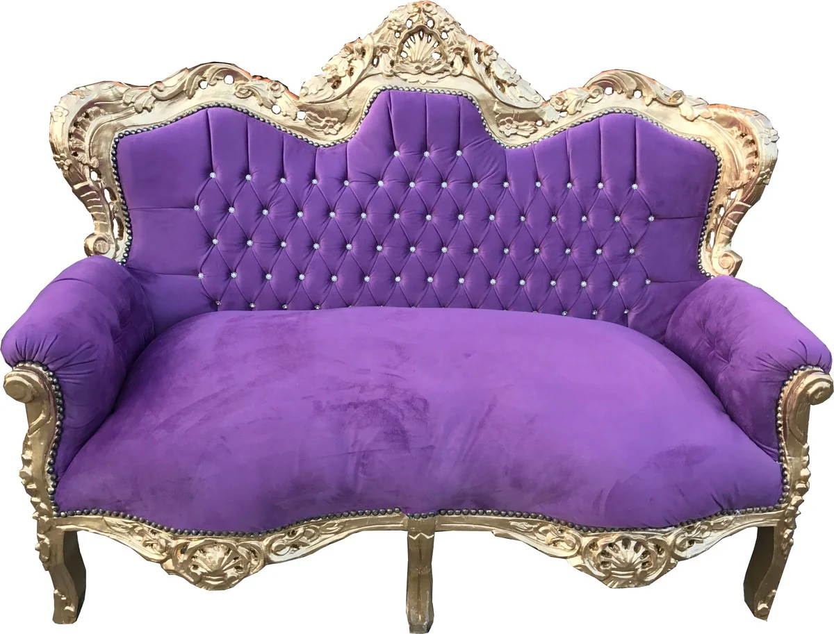 Baroque 2-seater sofa Master with bling bling glitter stones purple / gold 160 x 70 x H. 128 cm - Baroque living room furniture