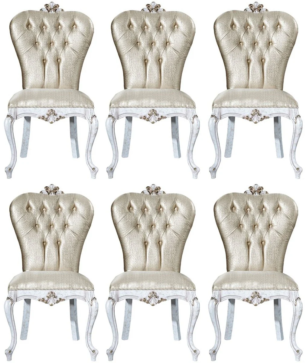 Luxury Baroque Dining Room Chair Set Gold / Antique White / Gold 57 x 65 x H. 113 cm - Kitchen Chairs Set of 6 - Baroque Dining Room Furniture - Noble & Magnificent