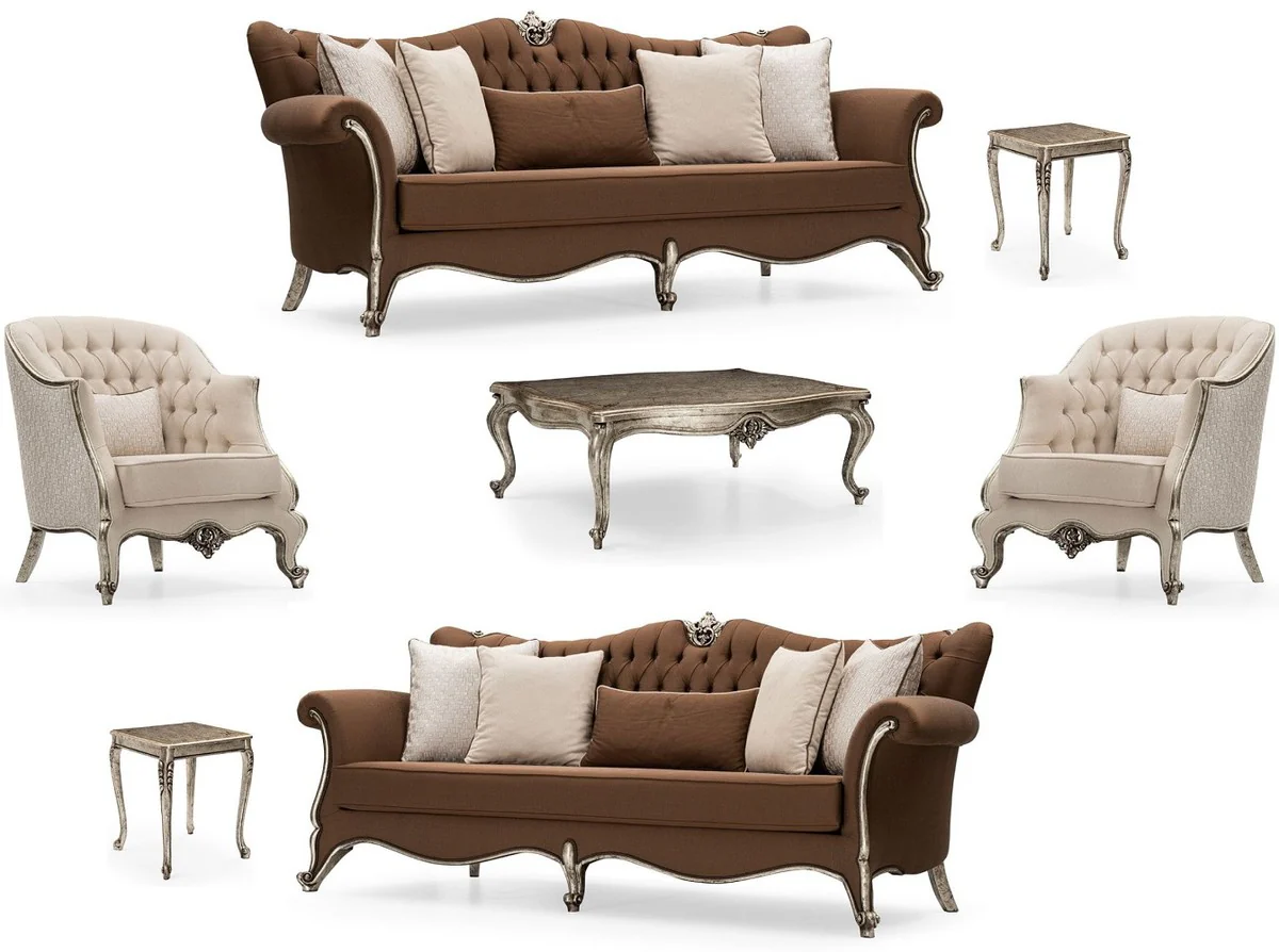 Luxus Barock Wohnzimmer Set Braun / Creme / Antik Silber - 2 Sofas & 2 Sessel & 1 Couchtisch & 2 Beistelltische - Handgefertigte Wohnzimmer Möbel im Barockstil - Edel & Prunkvoll