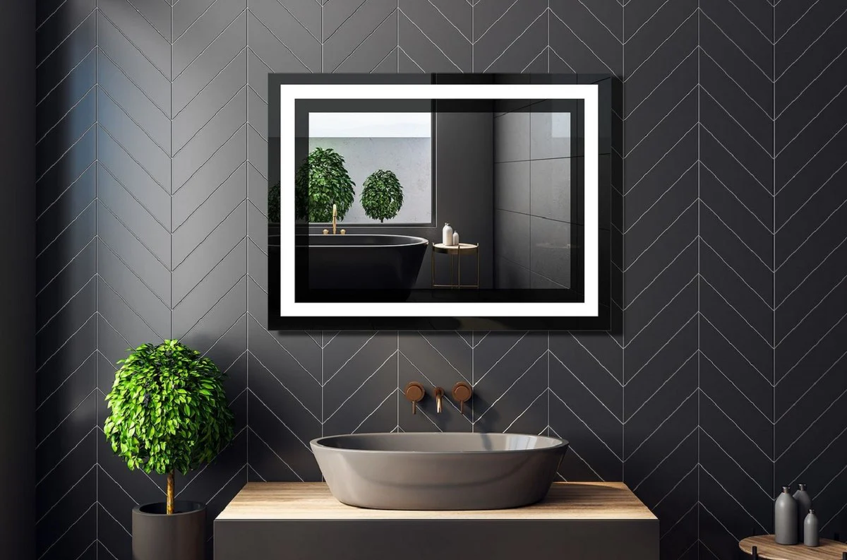 Luxury bathroom mirror black 80 x 2.8 x H. 60 cm - Rectangular wall mirror with LED lighting - Bathroom furniture - Bathroom accessories - Luxury furniture