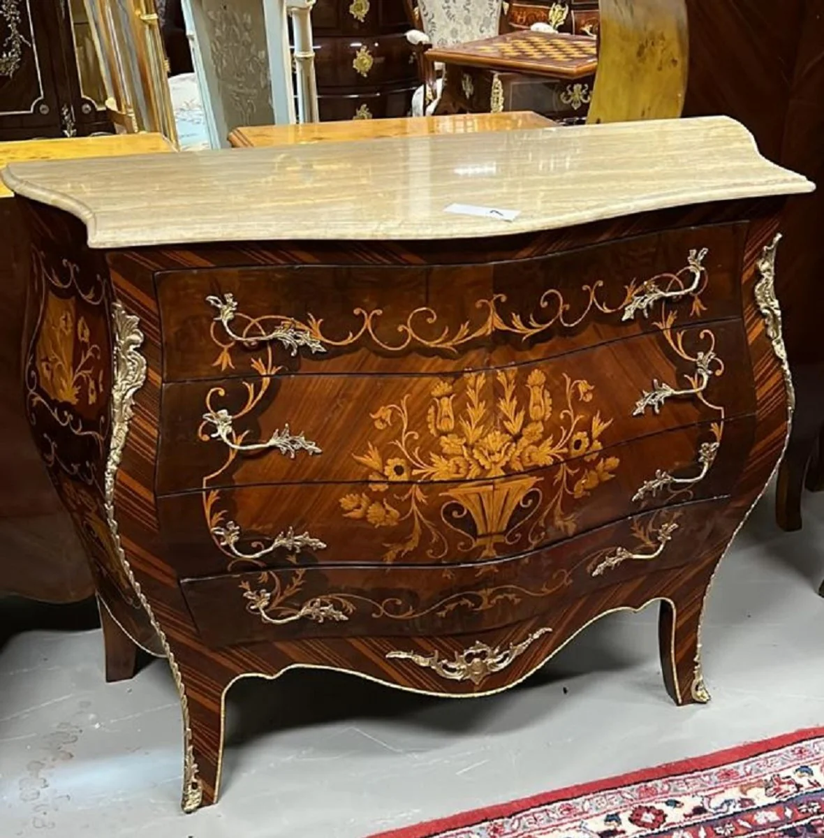 Baroque chest of drawers dark brown / brown inlaid / gold / cream - Handcrafted solid wood chest of drawers with 4 drawers and marble top - Baroque furniture
