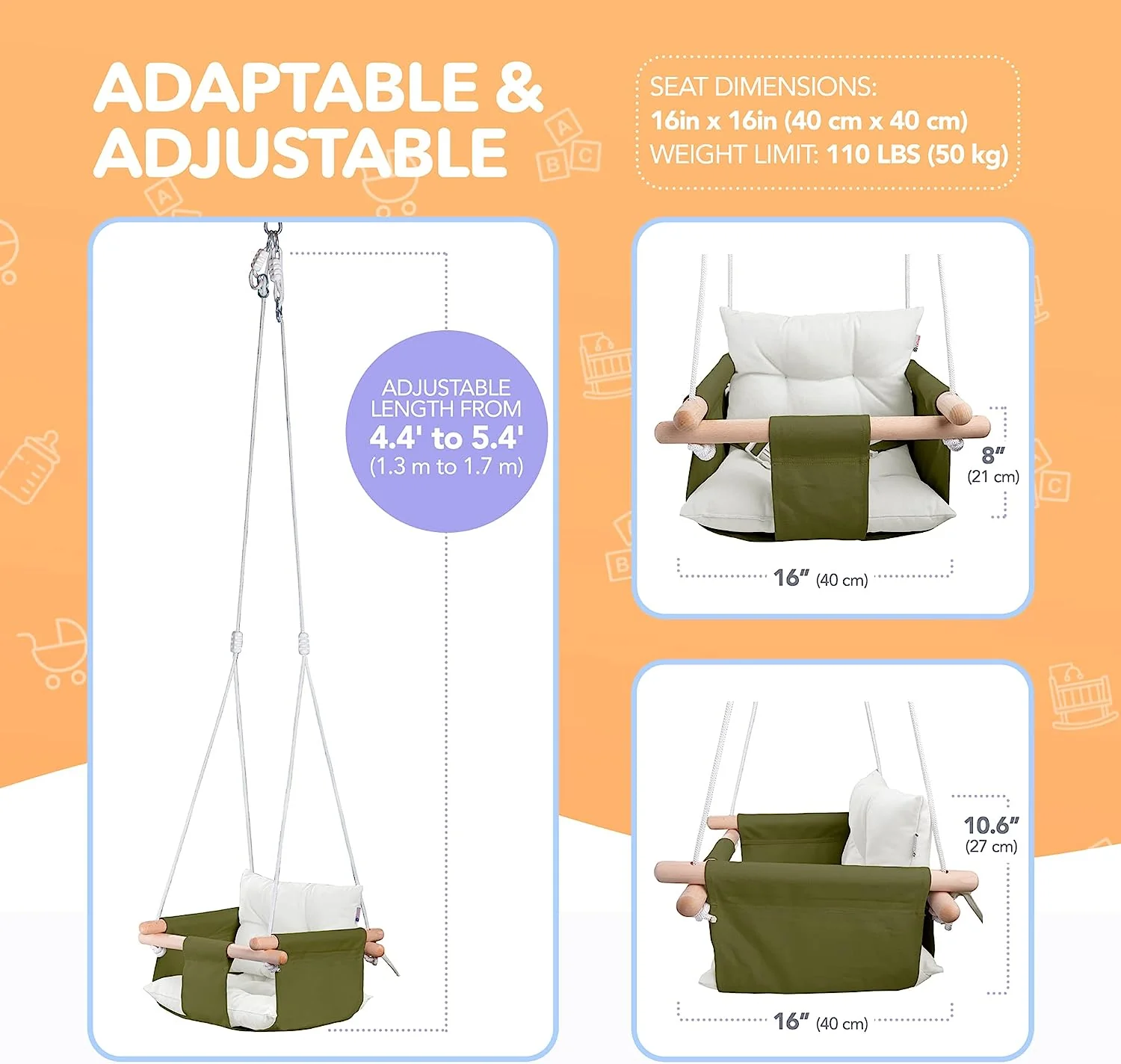 Babyschaukel aus Segeltuch, hängender Schaukelsitz aus Holz mit Sicherheitsgurt, langlebiger Baby-Hängemattenstuhl, Außen- und Innenschaukel für Kinder, Montagezubehör im Lieferumfang enthalten, Elfenbeinfarben