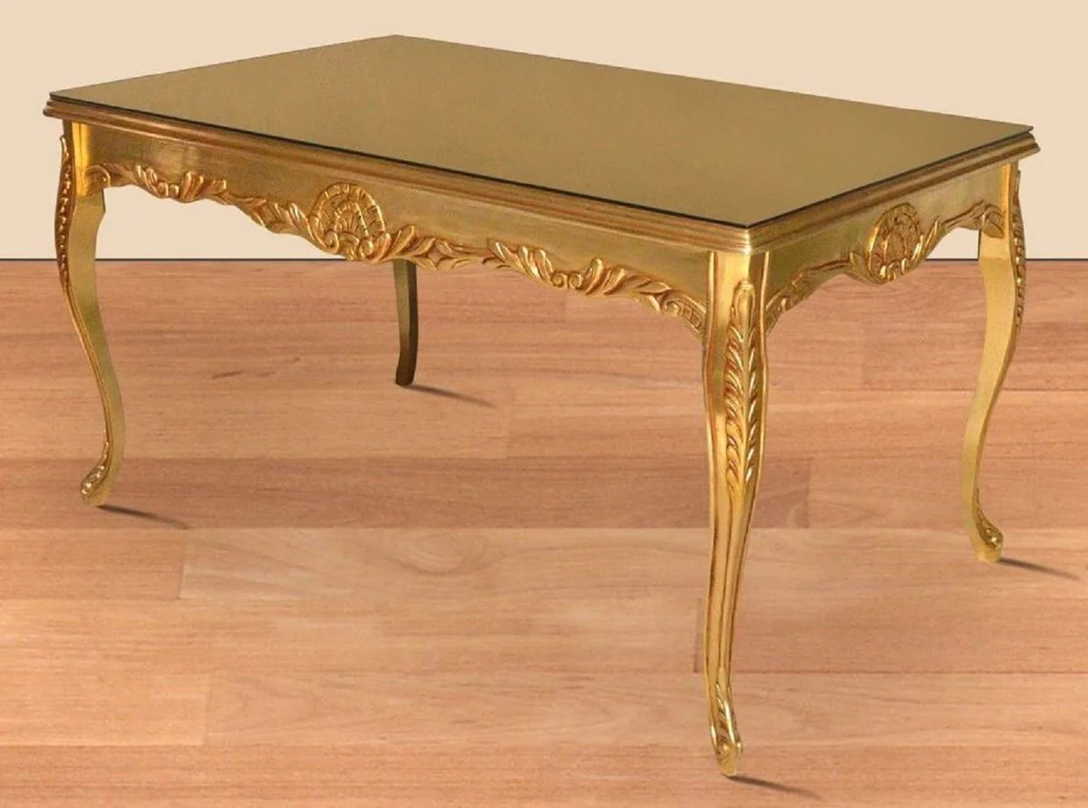 Baroque dining table gold 200 x 100 x H. 90 cm - solid wood kitchen table with glass top - baroque dining room furniture