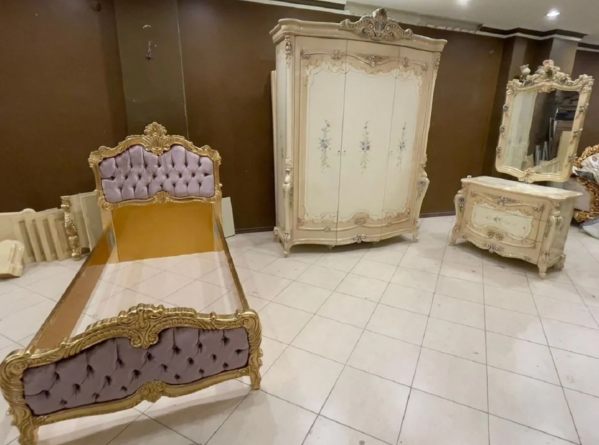 Luxury baroque chest of drawers with wall mirror beige / cream / multicolored