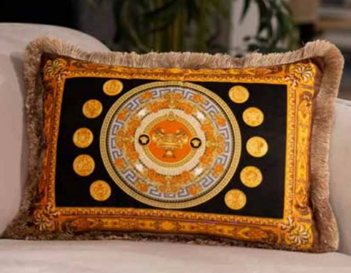 Luxus Barock Samt Kissen Vase und Münzen Schwarz / Gold / Braun 50 x 35 cm - Bedrucktes Deko Kissen mit Fransen - Barock Deko Accessoires