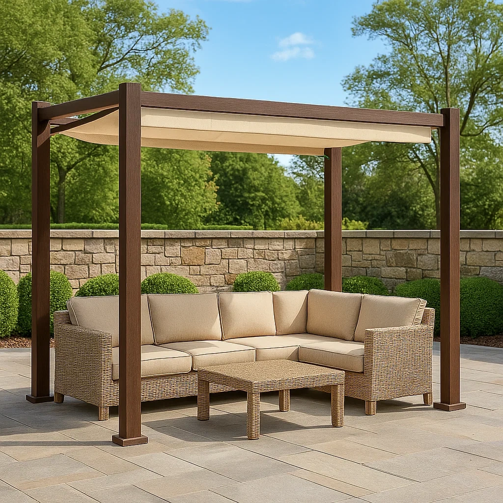 Rechteckige Pergola aus Holz und Stoff, braun, Flachdach, freistehend, Maße 300 x 200 x 250 cm, geeignet für Garten oder Terrasse - WnjOx8RCdyY7