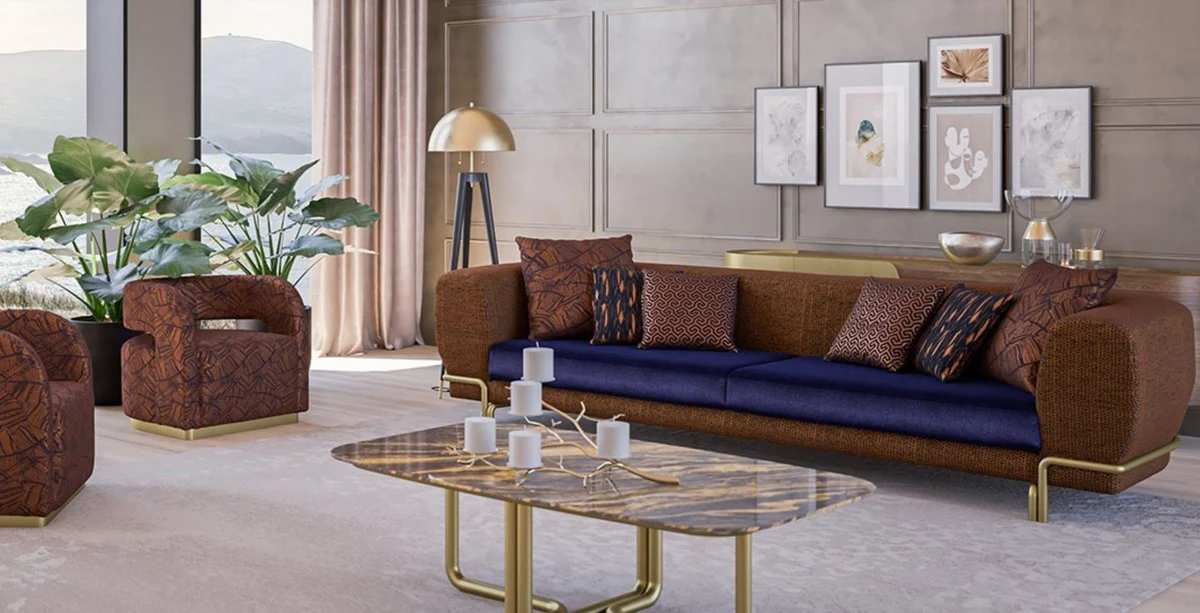 Luxury sofa brown / purple / brass 300 x 100 x H. 75 cm - living room sofa - hotel sofa - living room furniture - hotel furniture - luxury furniture - luxury furnishings