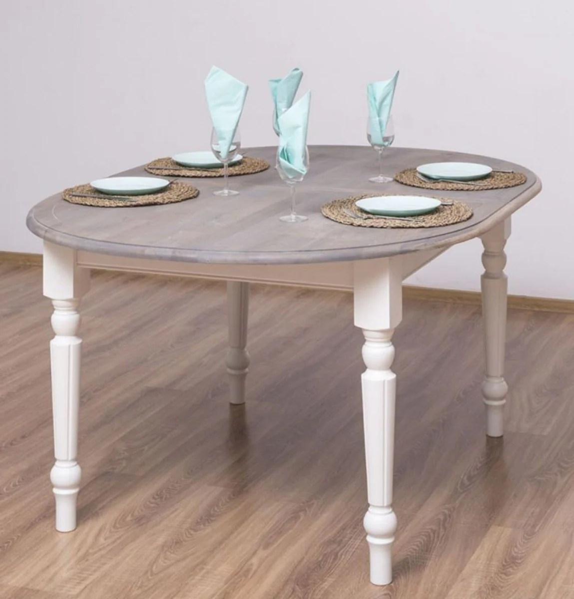 Country house style dining table gray / white 160 x 120 x H. 78 cm - Oval solid wood kitchen table with oak table top - Dining room furniture in country house style