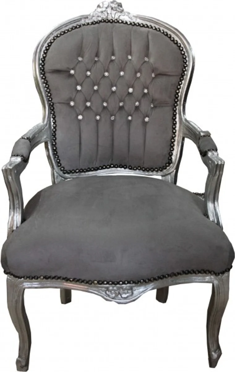 Baroque salon chair gray / silver with bling bling rhinestones - furniture antique style