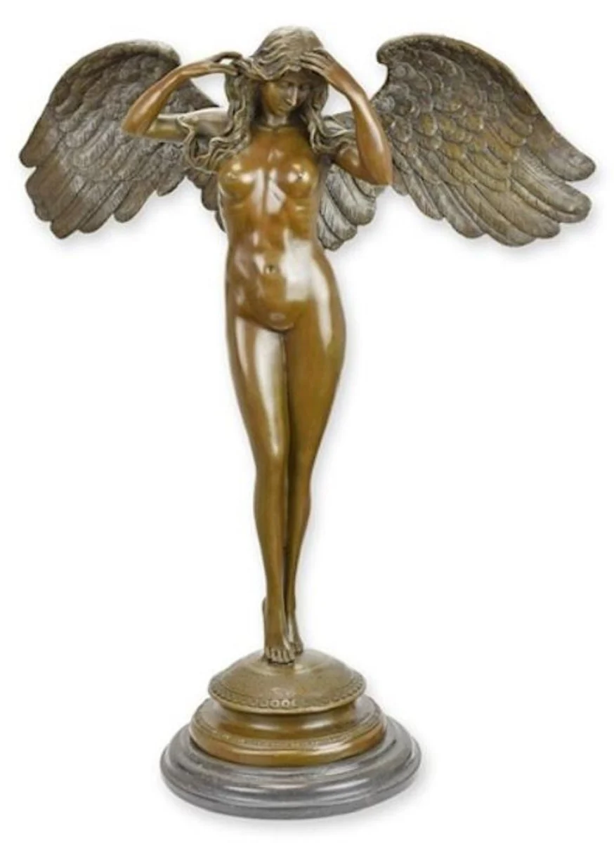 Luxus Jugendstil Deko Skulptur Engel Bronze / Schwarz 48,7 x 22 x H. 60,7 cm - Bronze Figur mit Marmorsockel - Barock & Jugendstil Bronze Skulpturen