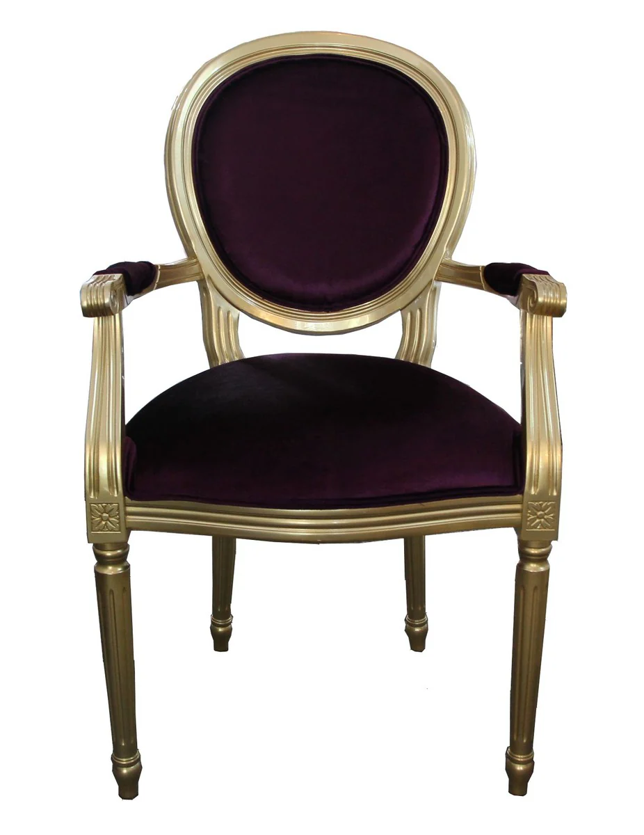Baroque dining room chair with armrest purple / gold - designer chair - luxury quality