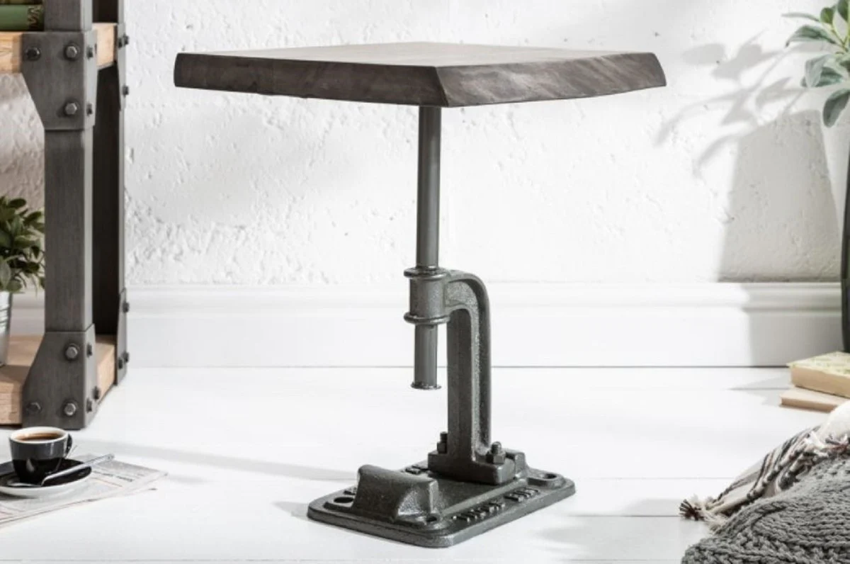 Industrial design side table gray 43 x 35 x H. 46 cm - industrial style metal table with solid wood table top - industrial design furniture