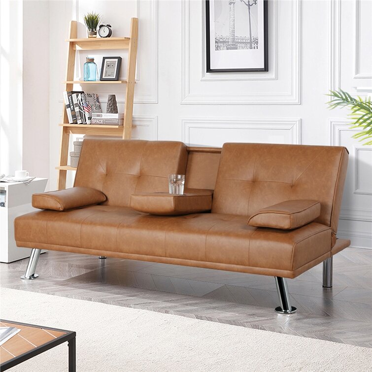 Janni 66''' Wide Faux Leather Cushion Back Convertible Sofa with Cup Holder