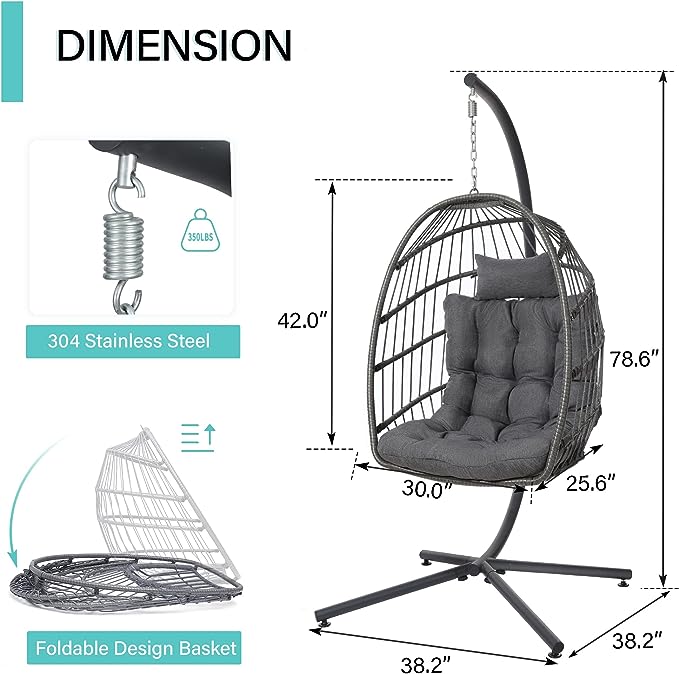 SWITTE Hänger Eierstuhl mit Stand, Egg Swing Hammock Stuhl mit Stand, Indoor Outdoor Wicker Egg Chair mit Kissen Kopfstütze für Patio Schlafzimmer Veranda Garten, 350LBS Kapazität