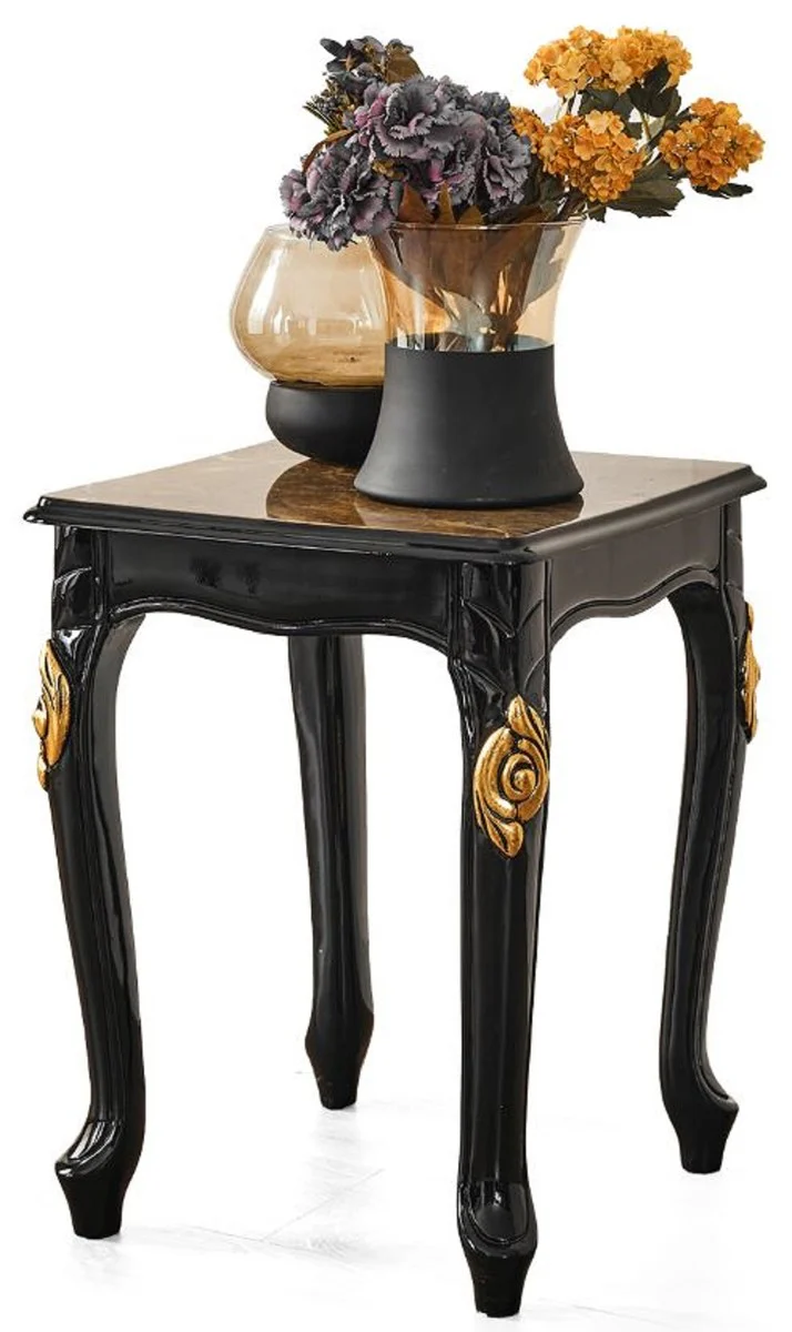 Luxury baroque side table brown / black / gold 46 x 44 x H. 60 cm - magnificent solid wood table with table top in marble look - baroque living room furniture