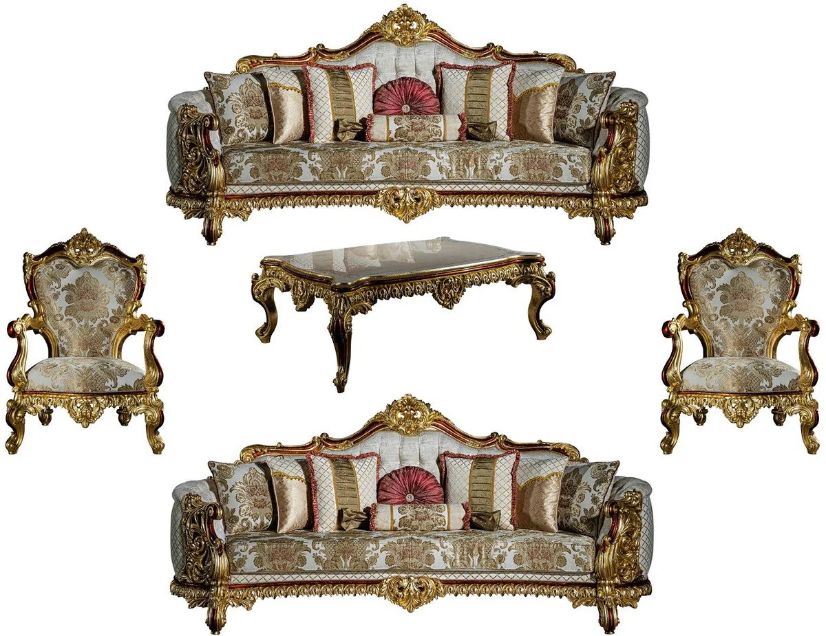 Luxus Barock Wohnzimmer Set Grau / Rot / Gold - 2 Sofas & 2 Sessel & 1 Couchtisch - Wohnzimmer Möbel im Barockstil - Edel & Prunkvoll