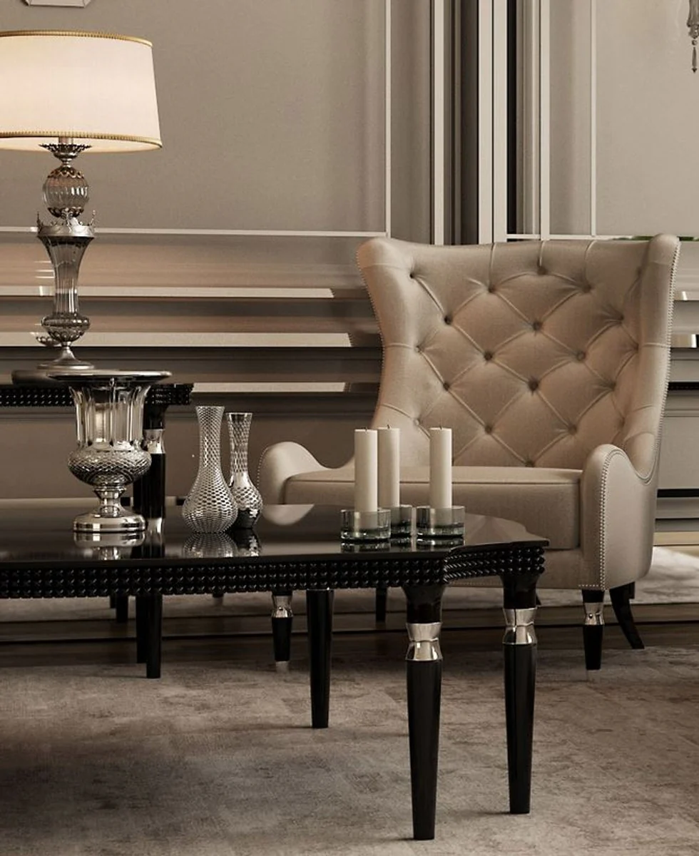 Luxury Art Deco Chesterfield wing chair gray / black / silver 90 x 75 x H. 105 cm - living room armchair - luxury quality