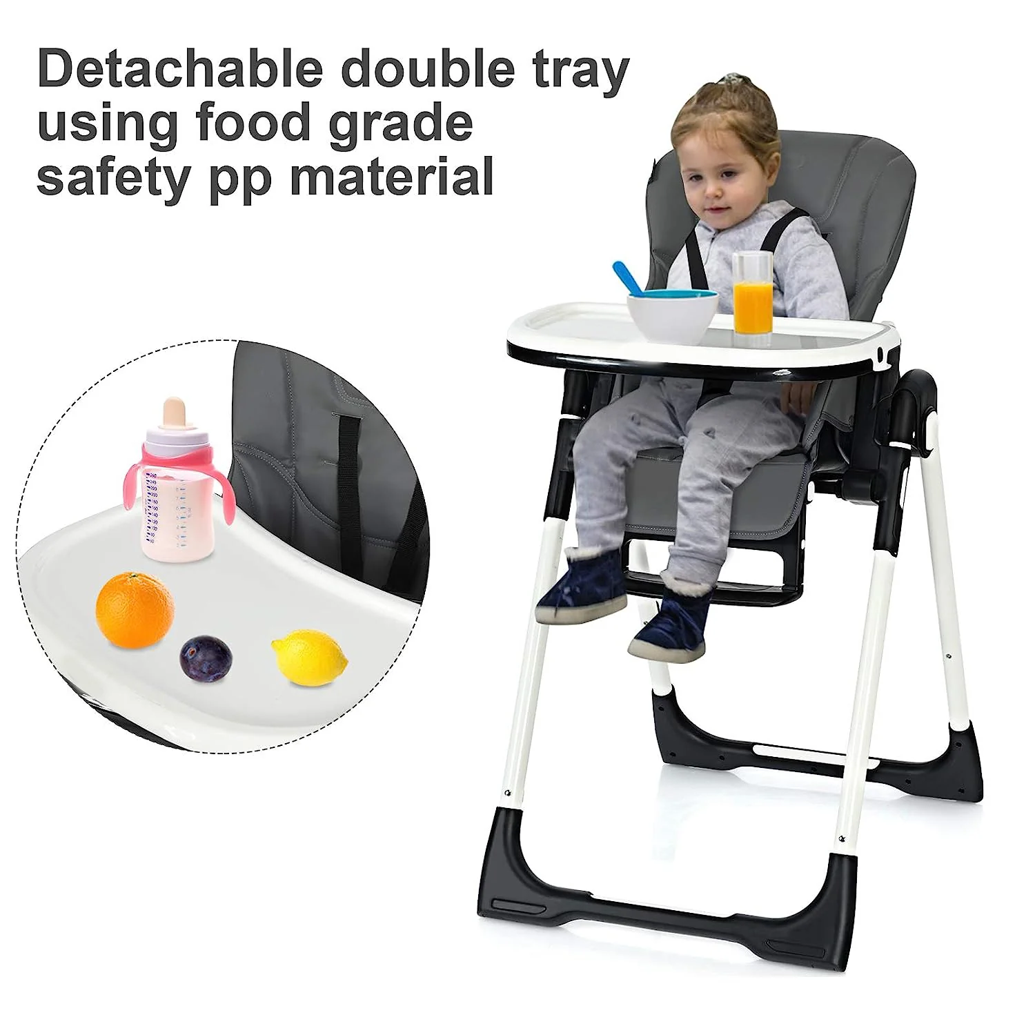 Hochstuhl für Babys und Kleinkinder, faltbarer Hochstuhl mit mehrfach verstellbarer Rückenlehne, Fußstütze und Sitzhöhe, abnehmbarem Tablett, abnehmbarem PU-Lederkissen, integrierten Hinterrädern (schwarz)