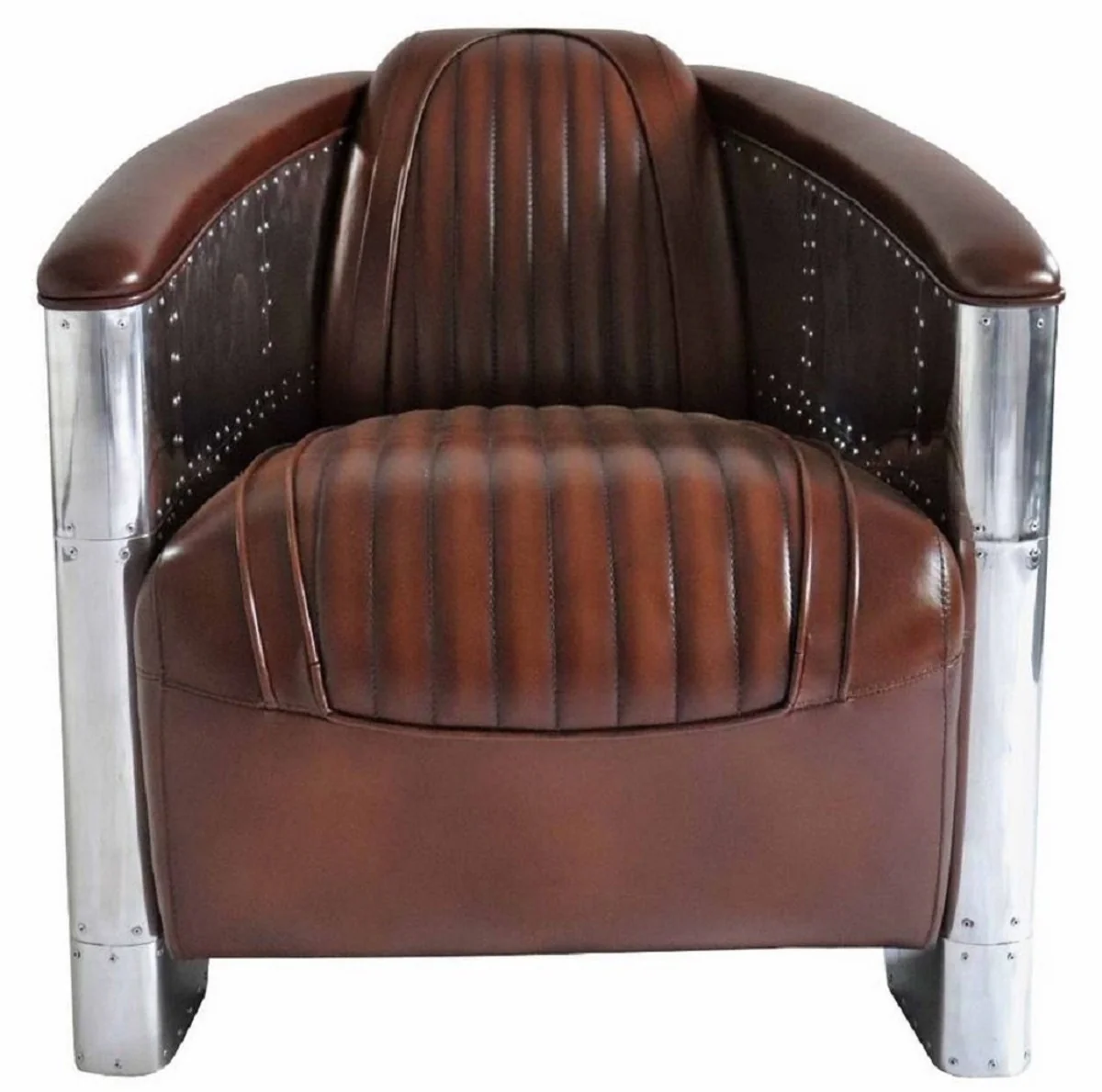 Luxury Art Deco genuine leather armchair dark brown / silver 90 x 72 x H. 68 cm - aluminum armchair with high-quality leather - lounge armchair - aluminum airplane aviator armchair furniture
