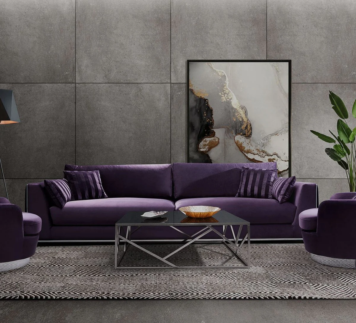 Luxury sofa purple / silver 300 x 102 x H. 61 cm - Living room sofa with decorative pillows - Luxury living room furniture