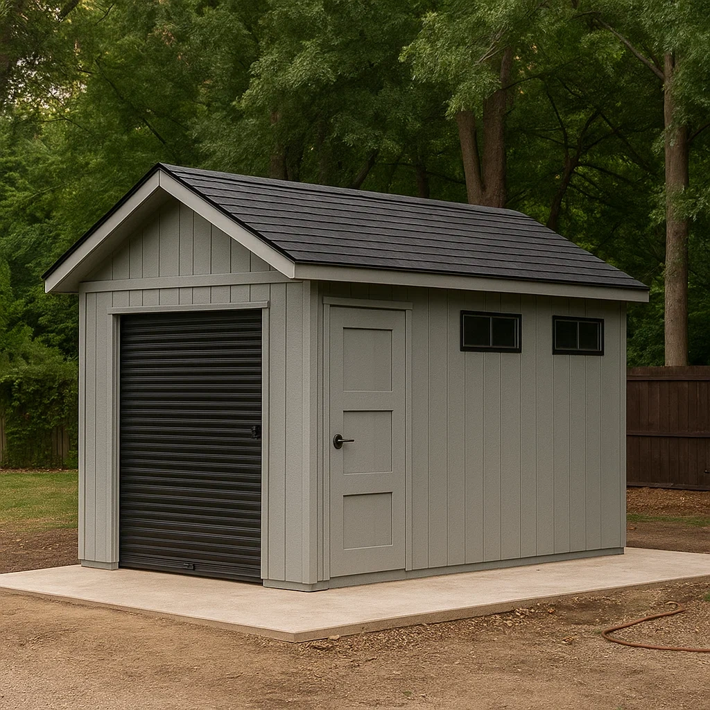 Gartenhaus aus Holz mit Satteldach und Rolltor, grau und schwarz, 150 x 300 x 220 cm - 0Py4Lw2Cw4Vb