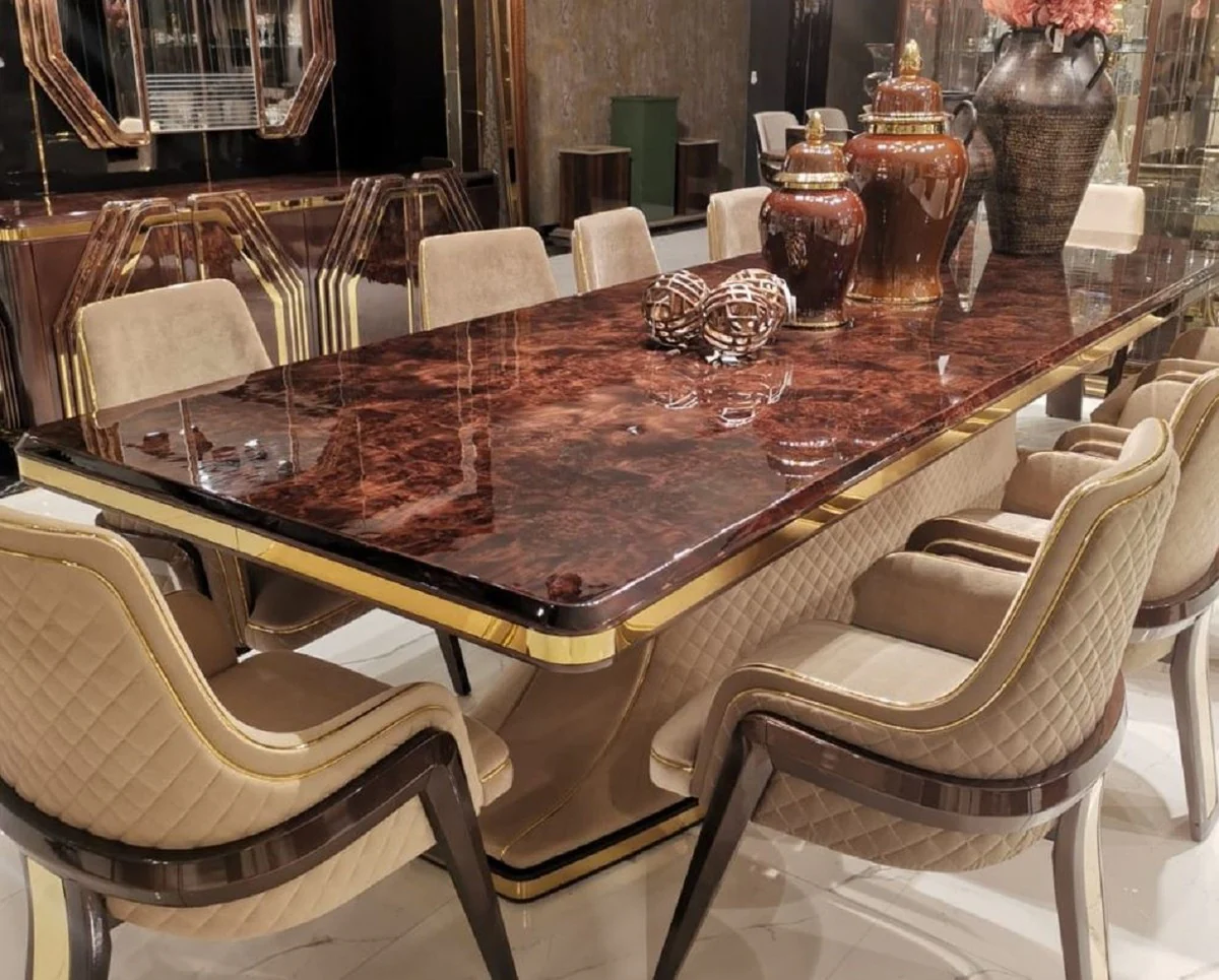 Luxury Art Deco dining table brown / beige / gold 226 x 112 x H. 70 cm - solid wood kitchen table with table top in marble look - dining room furniture - Art Deco furniture - luxury furniture