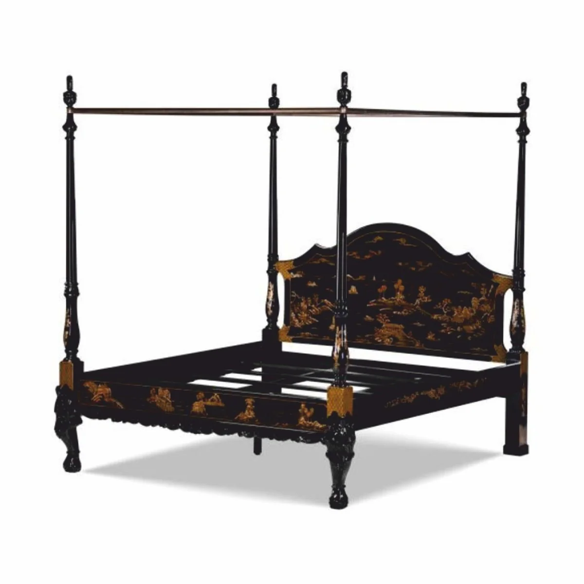 Luxury Baroque Chinese Style Four Poster Bed Black/Gold - Bedroom Furniture