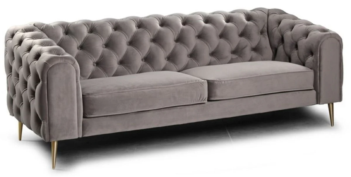 Luxury Chesterfield 3-seater sofa gray / brass 217 x 95 x H. 80 cm - Modern living room sofa - Chesterfield living room furniture