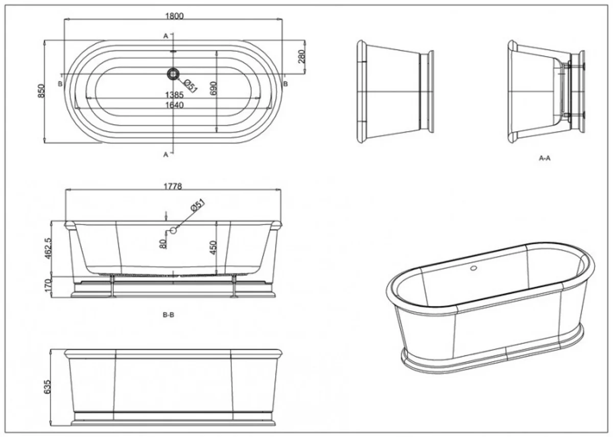 Freestanding bathtub 1800mm BLonR White - Freestanding retro antique bathtub